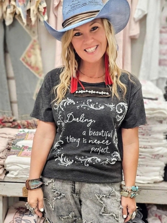 A Rare Bird Tops - A Rare Bird Darling Distressed Shirt Graphic 3/4 Sleeve Tee Black
